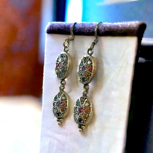 Diamond & Gemstone Sterling Oval Navratna Dangle Earrings​ - Picture 6 of 7